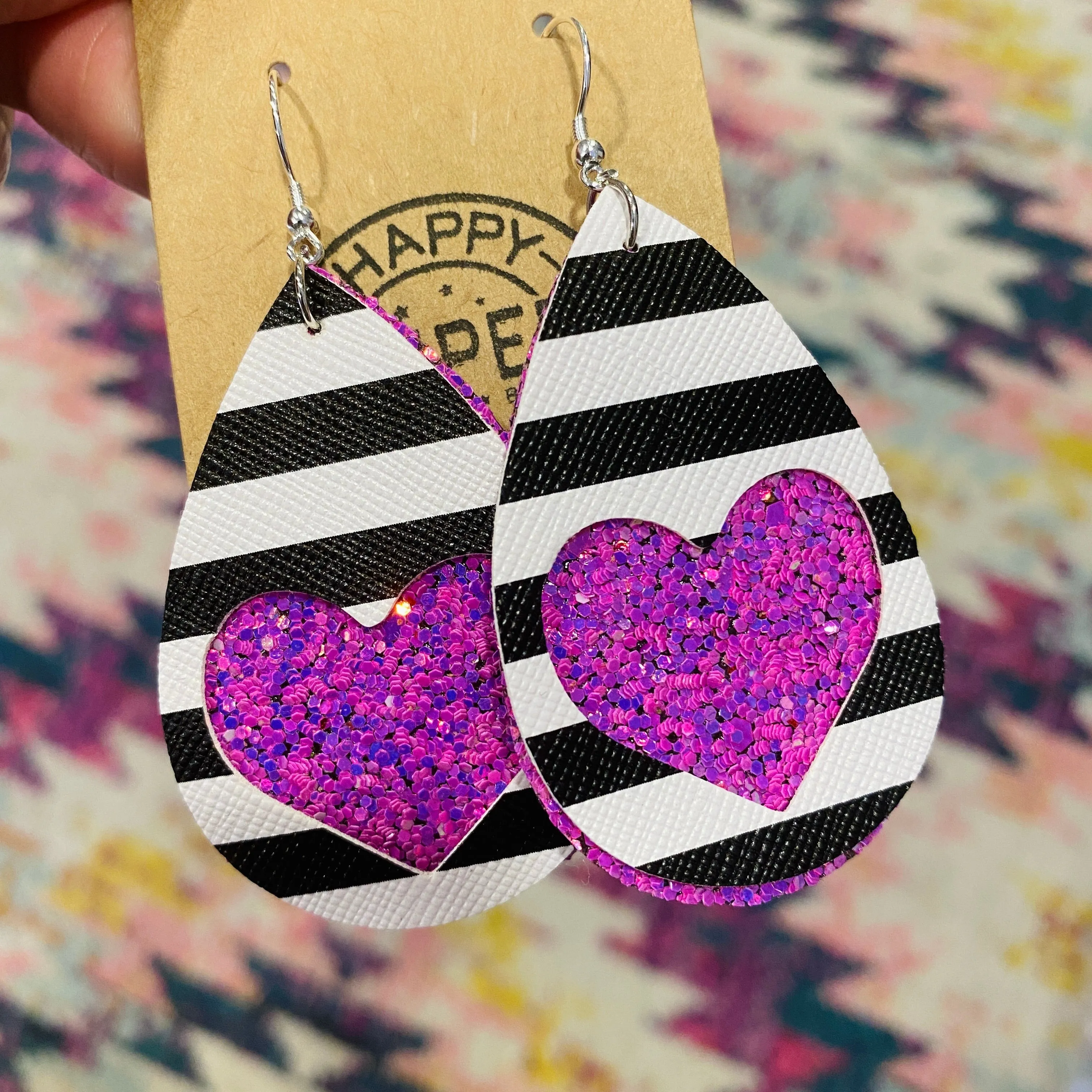 Hearts & Stripes Double Stacked Teardrop Faux Leather Earrings