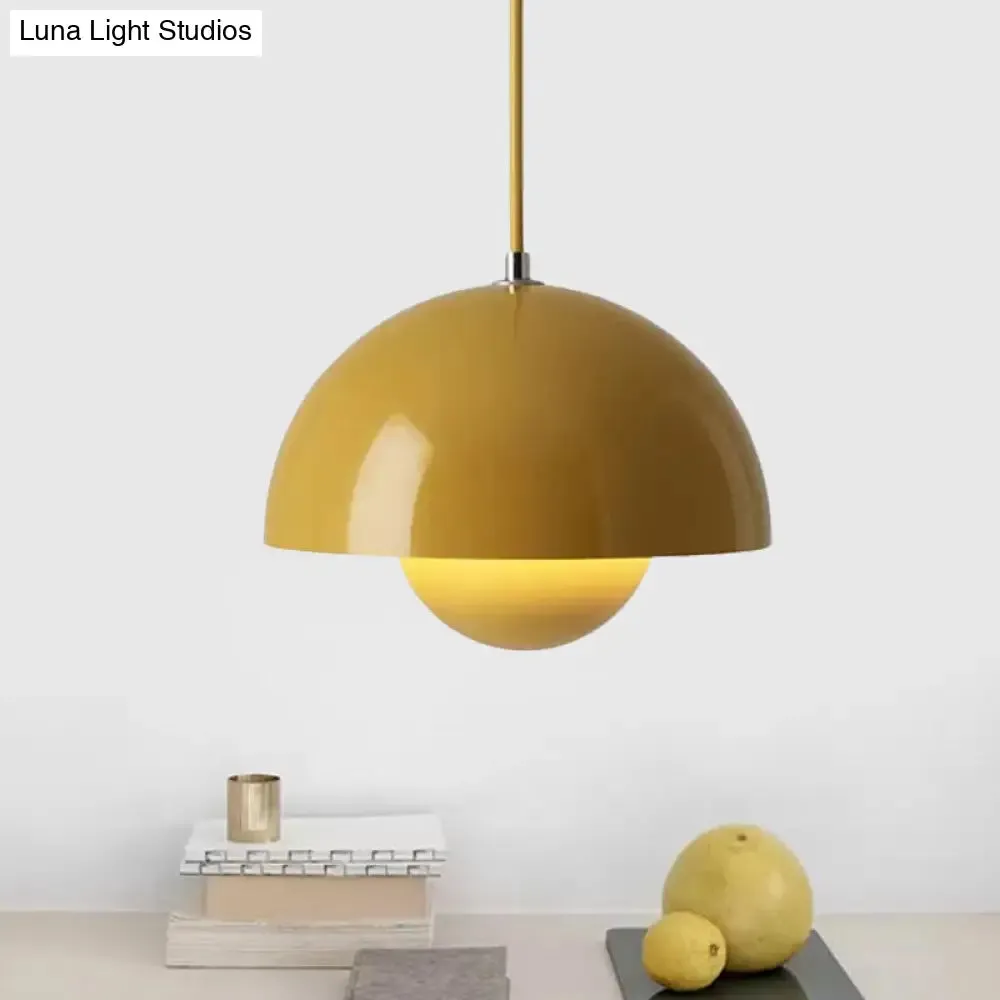 Iron Pendant Lamp with Colored Dome and Inner Diffuser for Dining Table - Pink/Green/Yellow