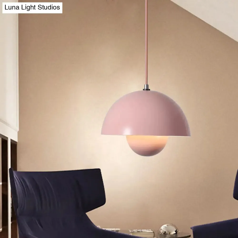 Iron Pendant Lamp with Colored Dome and Inner Diffuser for Dining Table - Pink/Green/Yellow