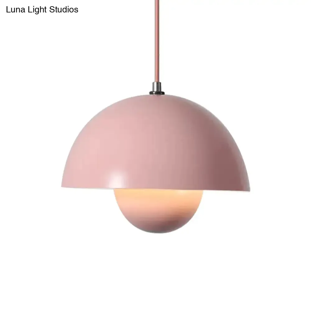 Iron Pendant Lamp with Colored Dome and Inner Diffuser for Dining Table - Pink/Green/Yellow