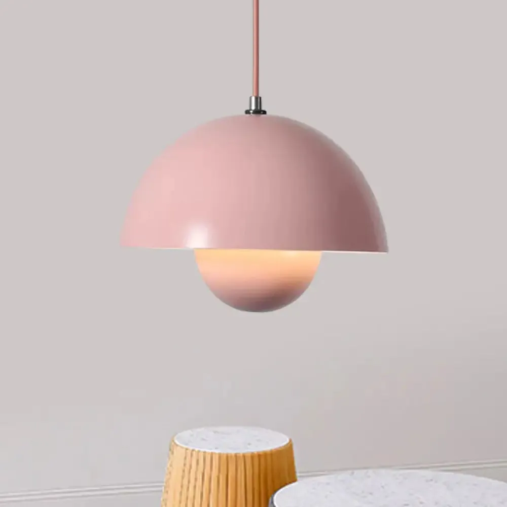 Iron Pendant Lamp with Colored Dome and Inner Diffuser for Dining Table - Pink/Green/Yellow