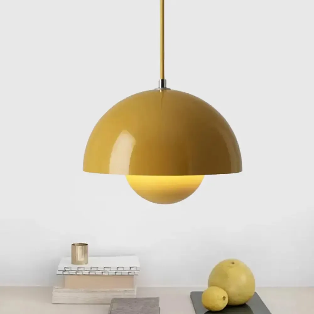 Iron Pendant Lamp with Colored Dome and Inner Diffuser for Dining Table - Pink/Green/Yellow