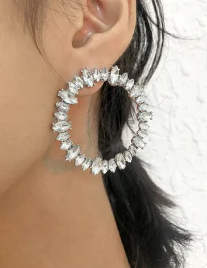 Large Silver Rhinestone Circle Earrings