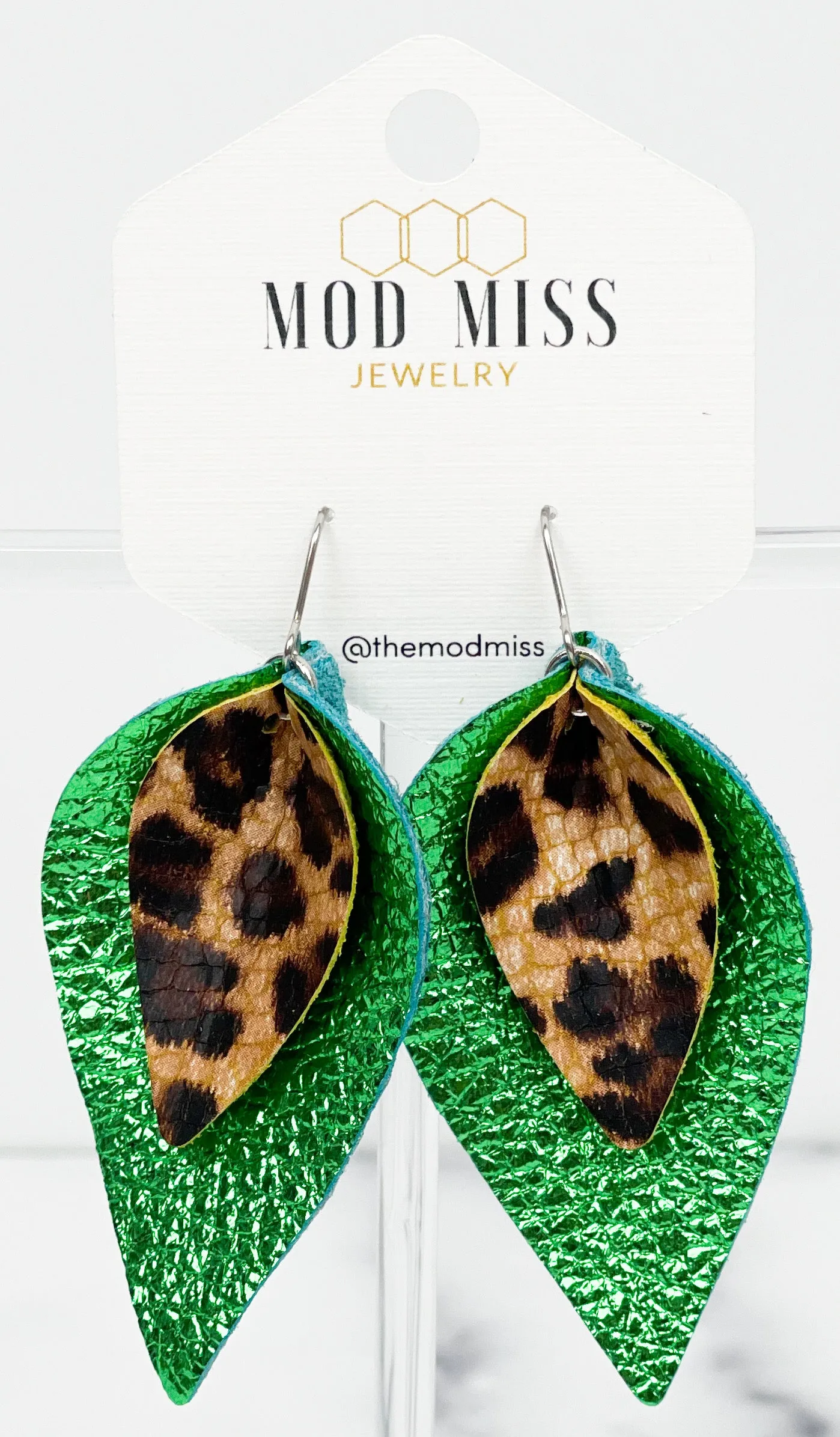 Leather Stacked Petal Earring "LeopardCrackle on MetallicGreen"