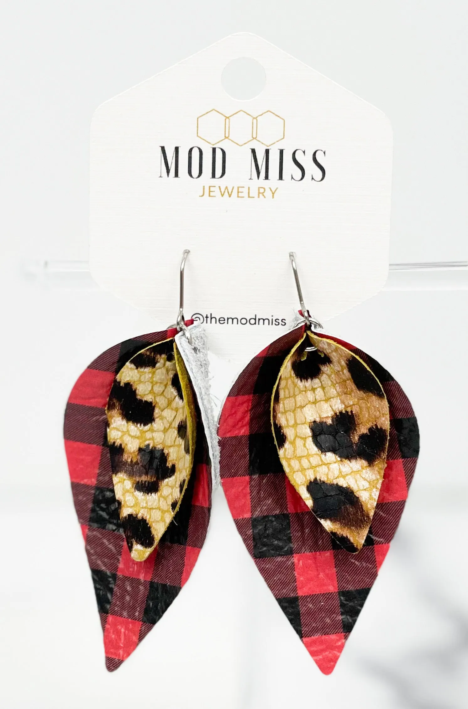 Leather Stacked Petal Earring "LeopardCrackle on MiniRedBuffaloPlaid"