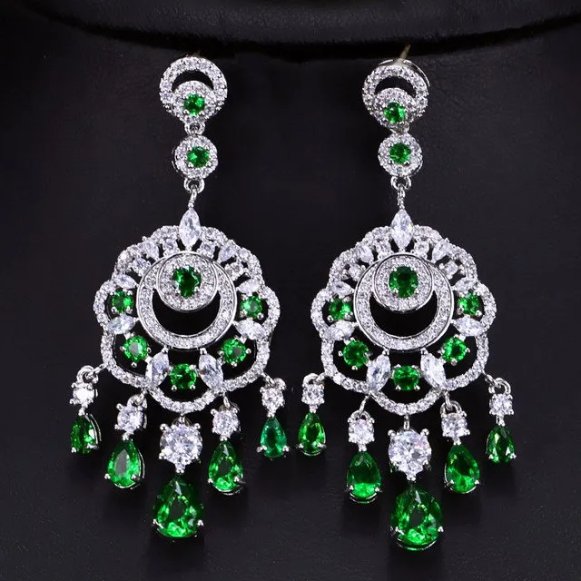 Luxurious Bridal Wedding Royal Blue Ear Jewelry Long Big Cubic Zirconia Dangling Tessal Drop Earrings