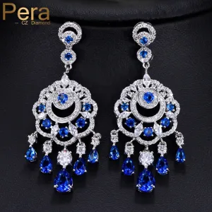 Luxurious Bridal Wedding Royal Blue Ear Jewelry Long Big Cubic Zirconia Dangling Tessal Drop Earrings