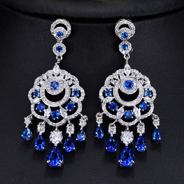 Luxurious Bridal Wedding Royal Blue Ear Jewelry Long Big Cubic Zirconia Dangling Tessal Drop Earrings