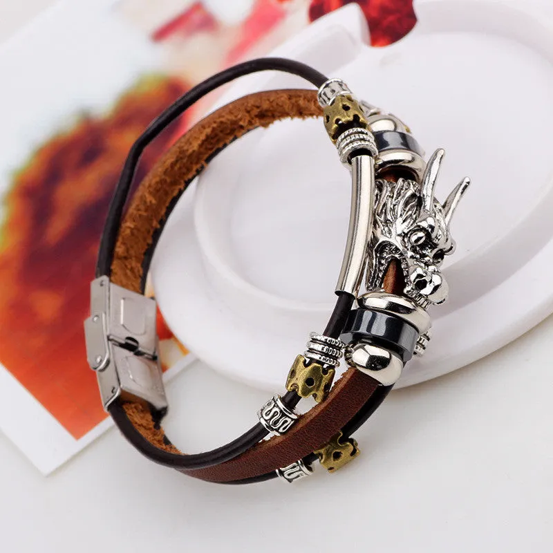 Men Accessoires homme Tibetan silver men leather bracelet fashion male vintage parataxis dragon Multilayer jewelry