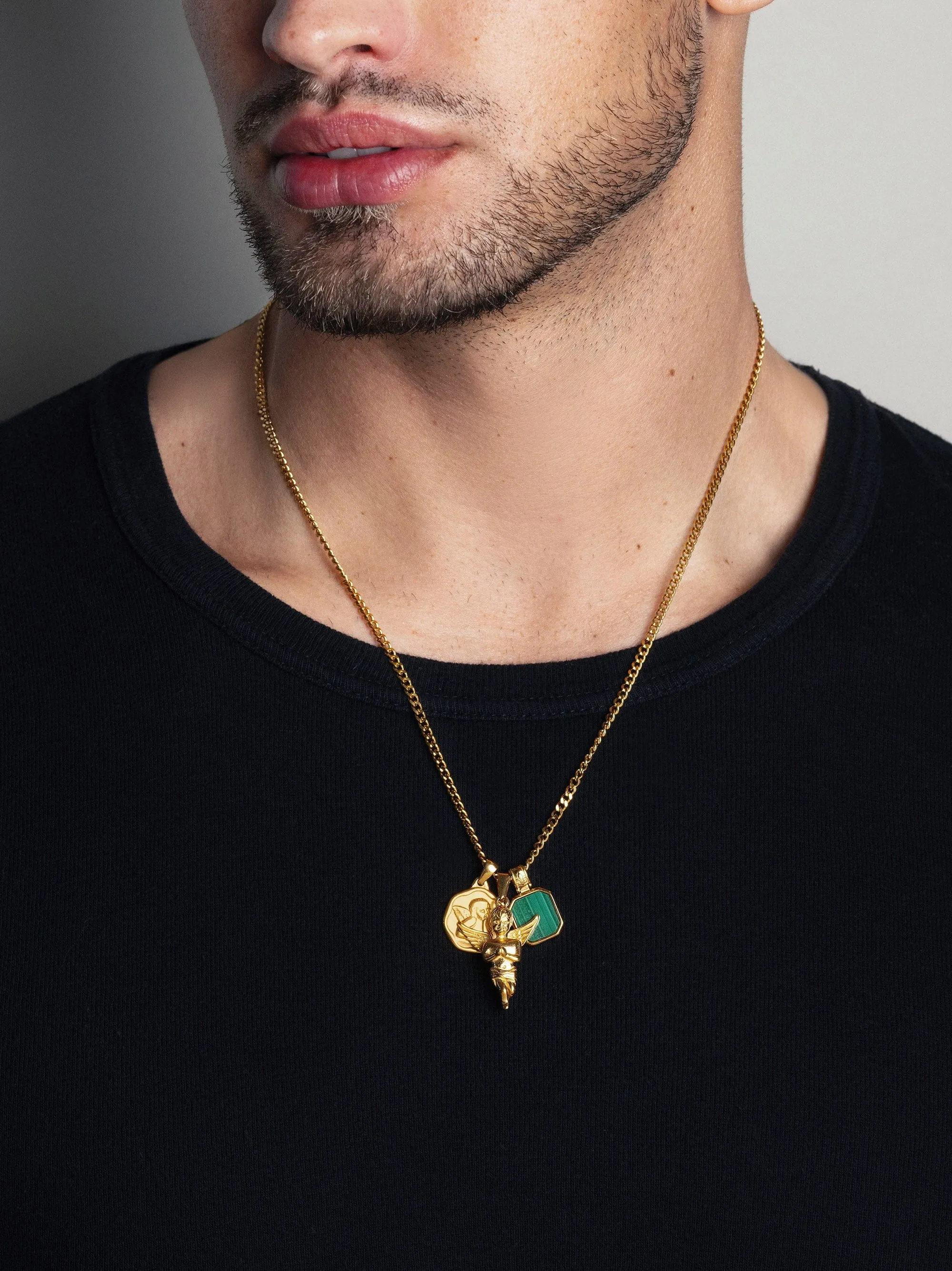 Men's Gold Talisman Necklace with Angel and Malachite Pendant