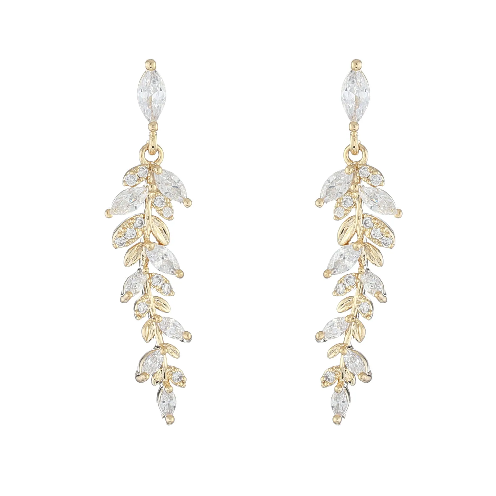 Micro-set Zirconia 14k Gold Plated Leaf Drop Earrings