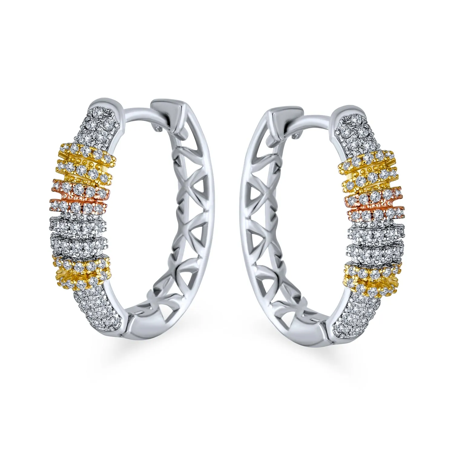 Modern Tri-Color CZ Hoop Earrings Rose Gold & Silver 0.75" for Weddings & Parties