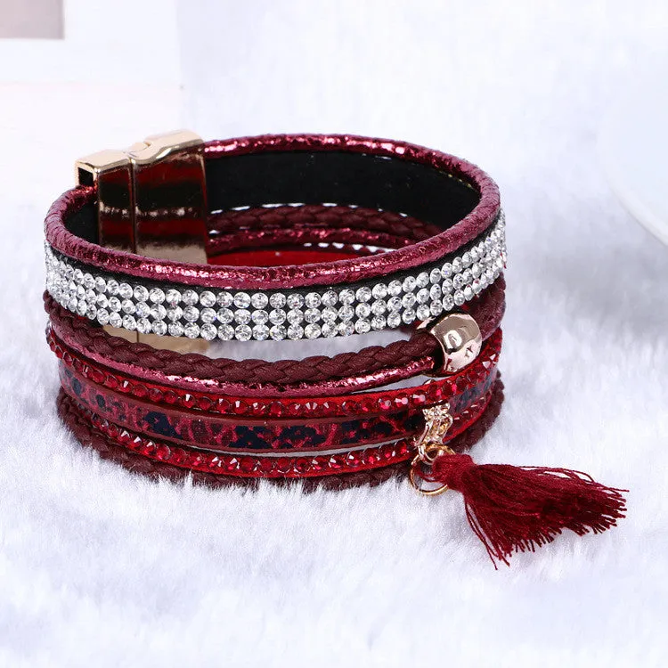 Multilayer Leather Rhinestone Crystal Tassel Magnetic Bohemian Bracelets