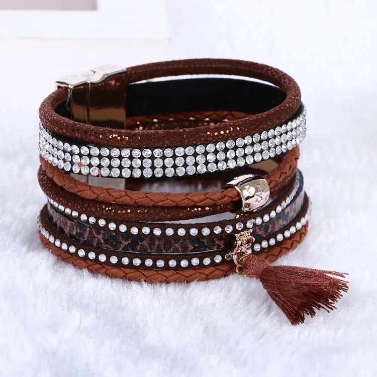 Multilayer Leather Rhinestone Crystal Tassel Magnetic Bohemian Bracelets