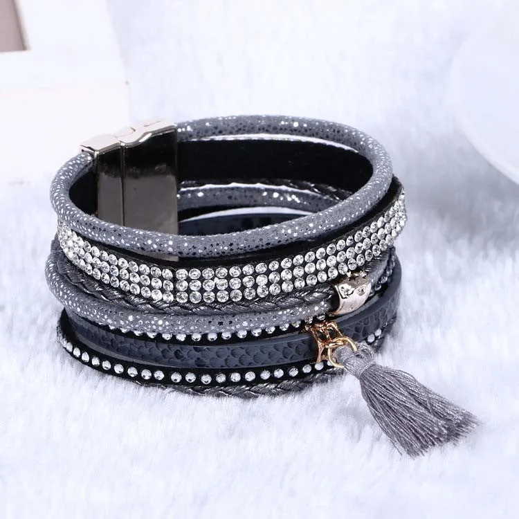 Multilayer Leather Rhinestone Crystal Tassel Magnetic Bohemian Bracelets