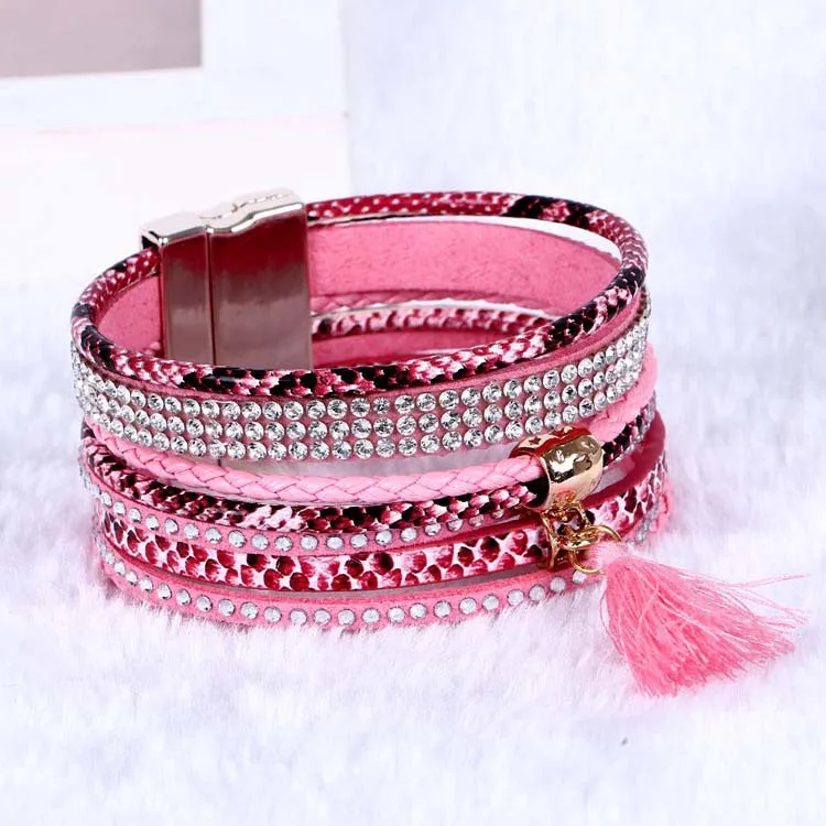 Multilayer Leather Rhinestone Crystal Tassel Magnetic Bohemian Bracelets