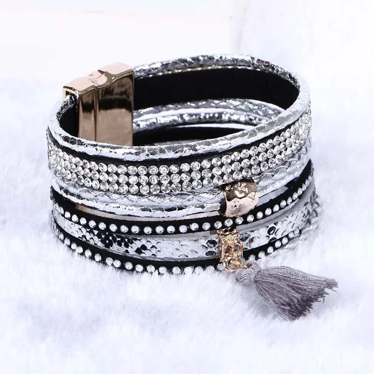 Multilayer Leather Rhinestone Crystal Tassel Magnetic Bohemian Bracelets