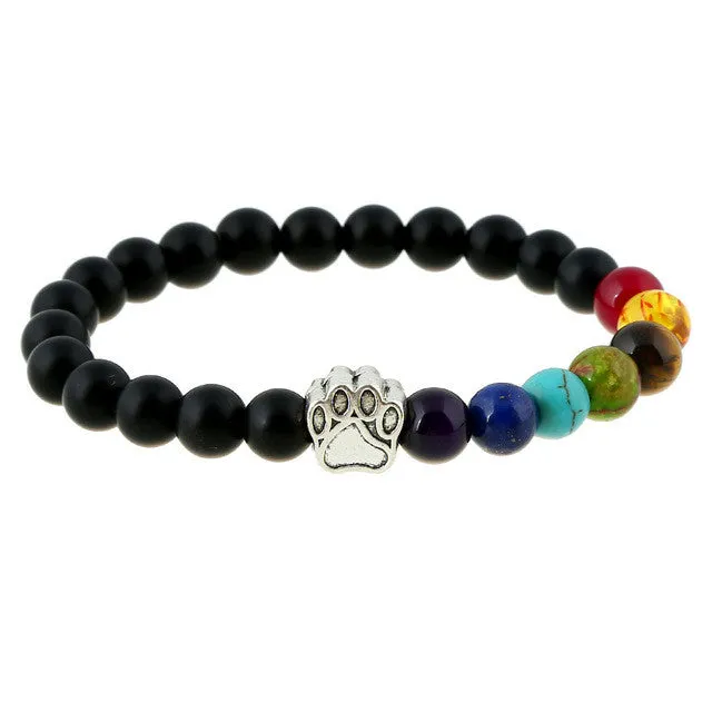 Natural Stone Bead Yoga Bracelet Men Women Dog Paw Elastic Rope Bead Bracelet 7 Chakra Healing Balance Rainbow Bracelet Jewelry