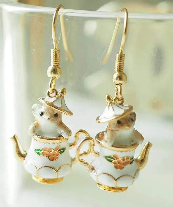 Original White Sterling Silver Overgild Teacup Squirrel Drop Earrings QU037