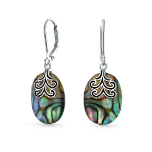 Oval Rainbow Abalone Shell Swirl Dangle Earrings in Sterling Silver