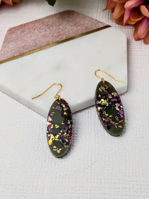 "Mae" Khaki Purple Sparkle Resin Dangle Earrings