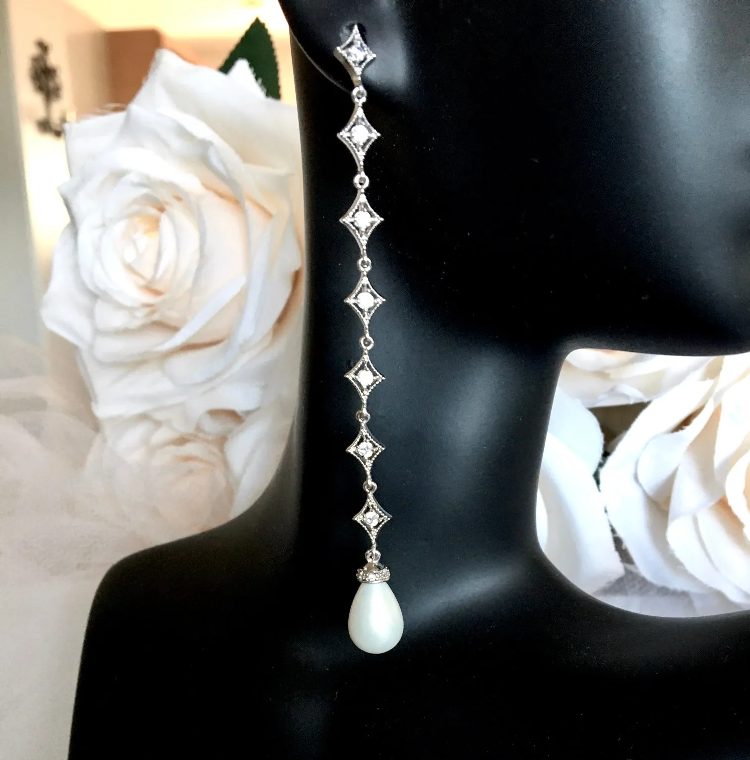 "Mercedes" - Pearl and Cubic Zirconia Long Bridal Earrings