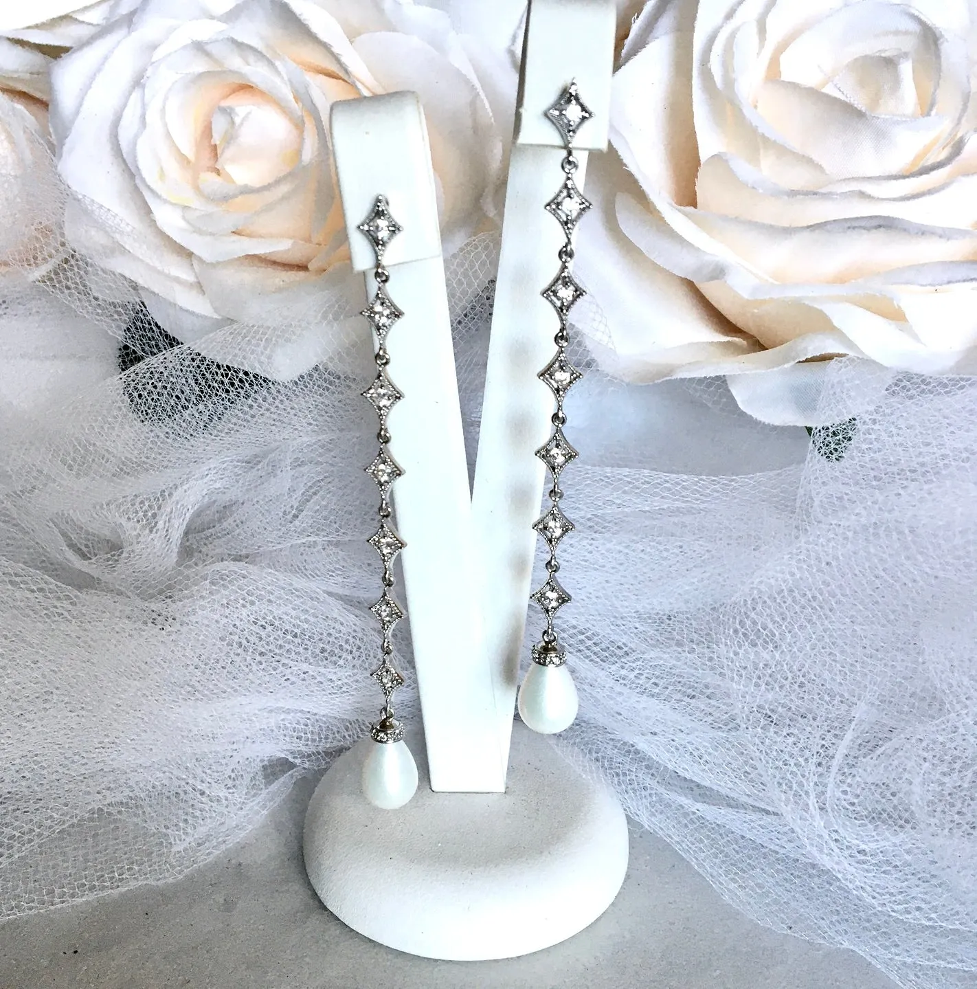 "Mercedes" - Pearl and Cubic Zirconia Long Bridal Earrings