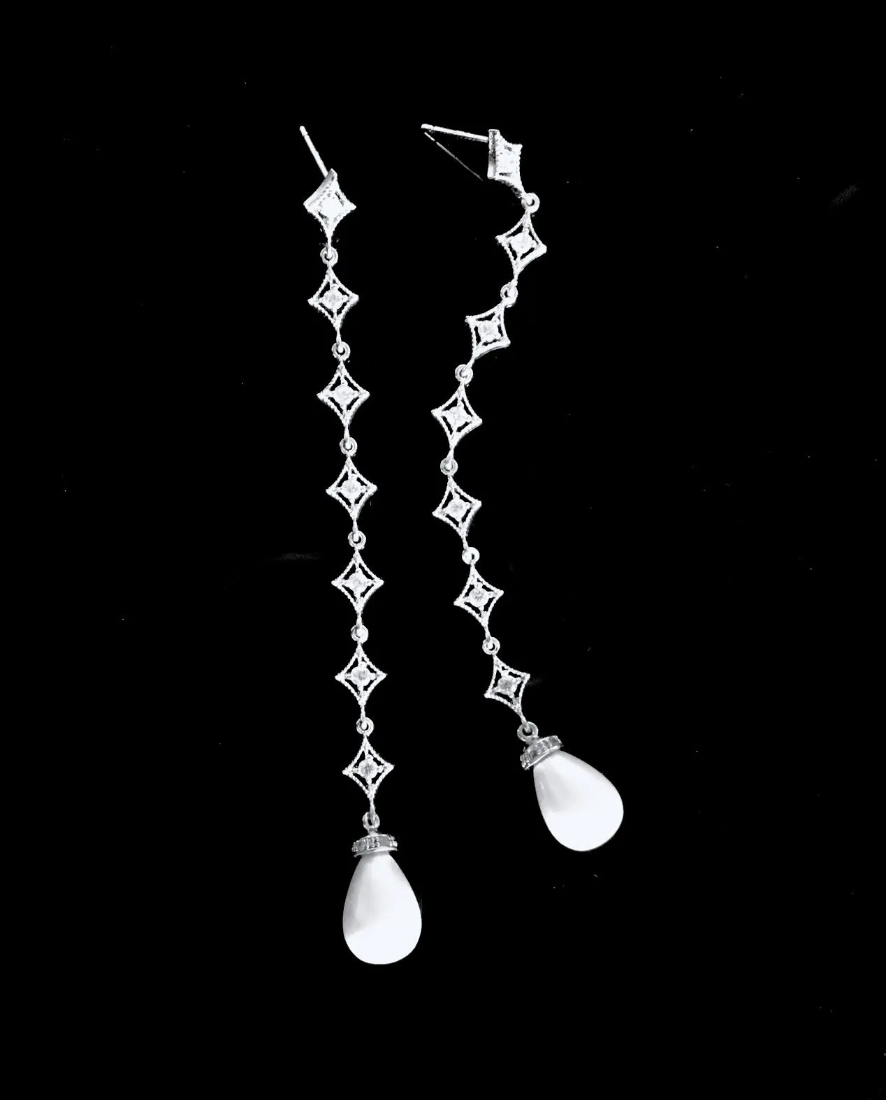 "Mercedes" - Pearl and Cubic Zirconia Long Bridal Earrings