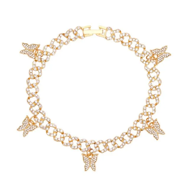 Rhinestone Cuban Link Butterfly Anklet Bracelet for Women Anklets