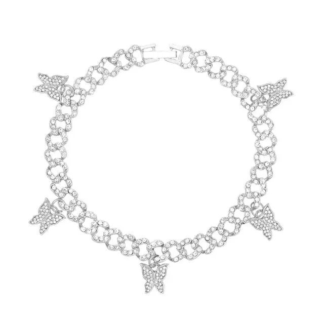 Rhinestone Cuban Link Butterfly Anklet Bracelet for Women Anklets