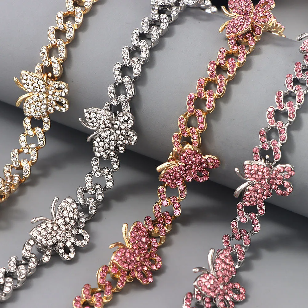 Rhinestone Cuban Link Butterfly Anklet Bracelet for Women Anklets