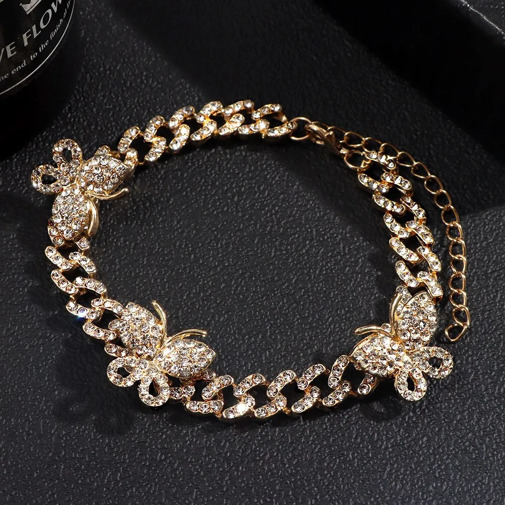 Rhinestone Cuban Link Butterfly Anklet Bracelet for Women Anklets