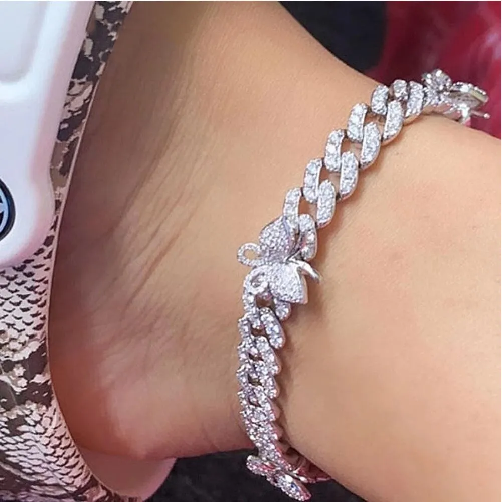 Rhinestone Cuban Link Butterfly Anklet Bracelet for Women Anklets