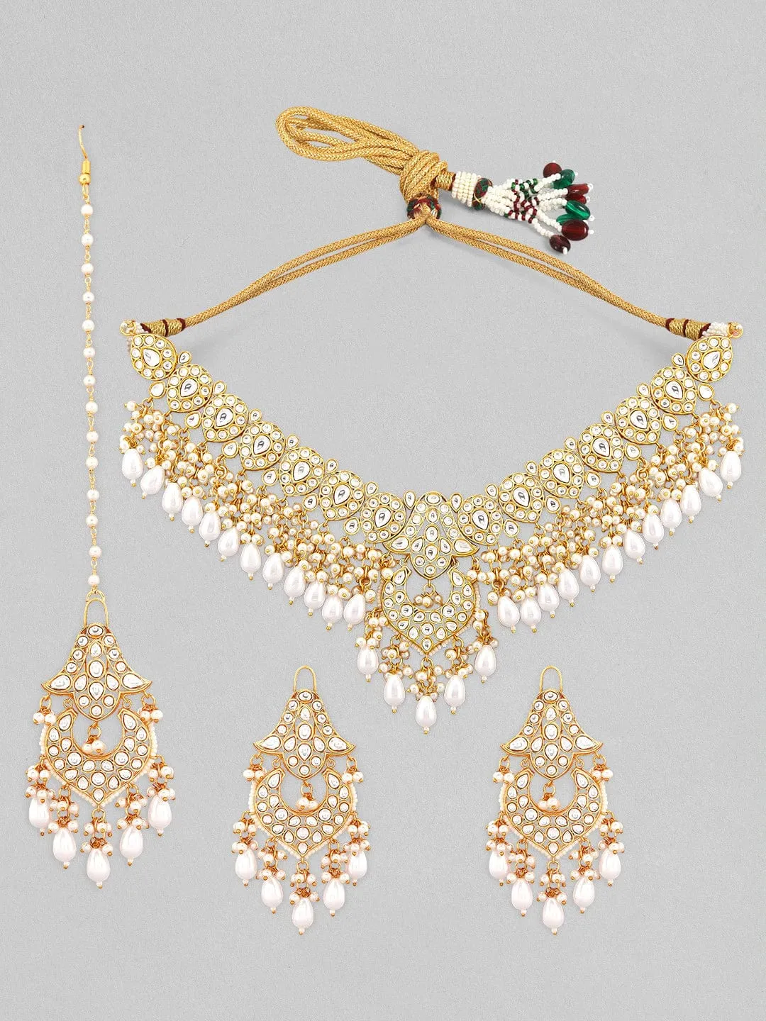 Rubans Gold-Plated White Stone Studded & Beaded Jewellery Set