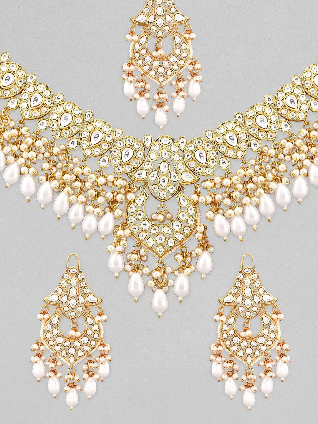 Rubans Gold-Plated White Stone Studded & Beaded Jewellery Set