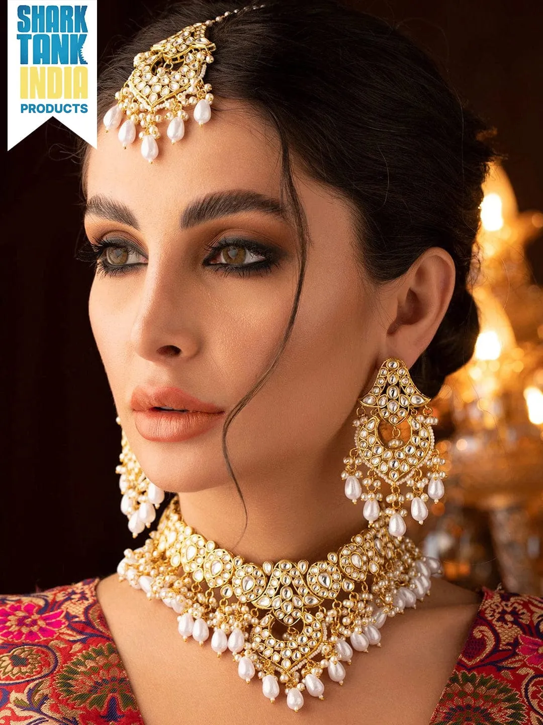 Rubans Gold-Plated White Stone Studded & Beaded Jewellery Set