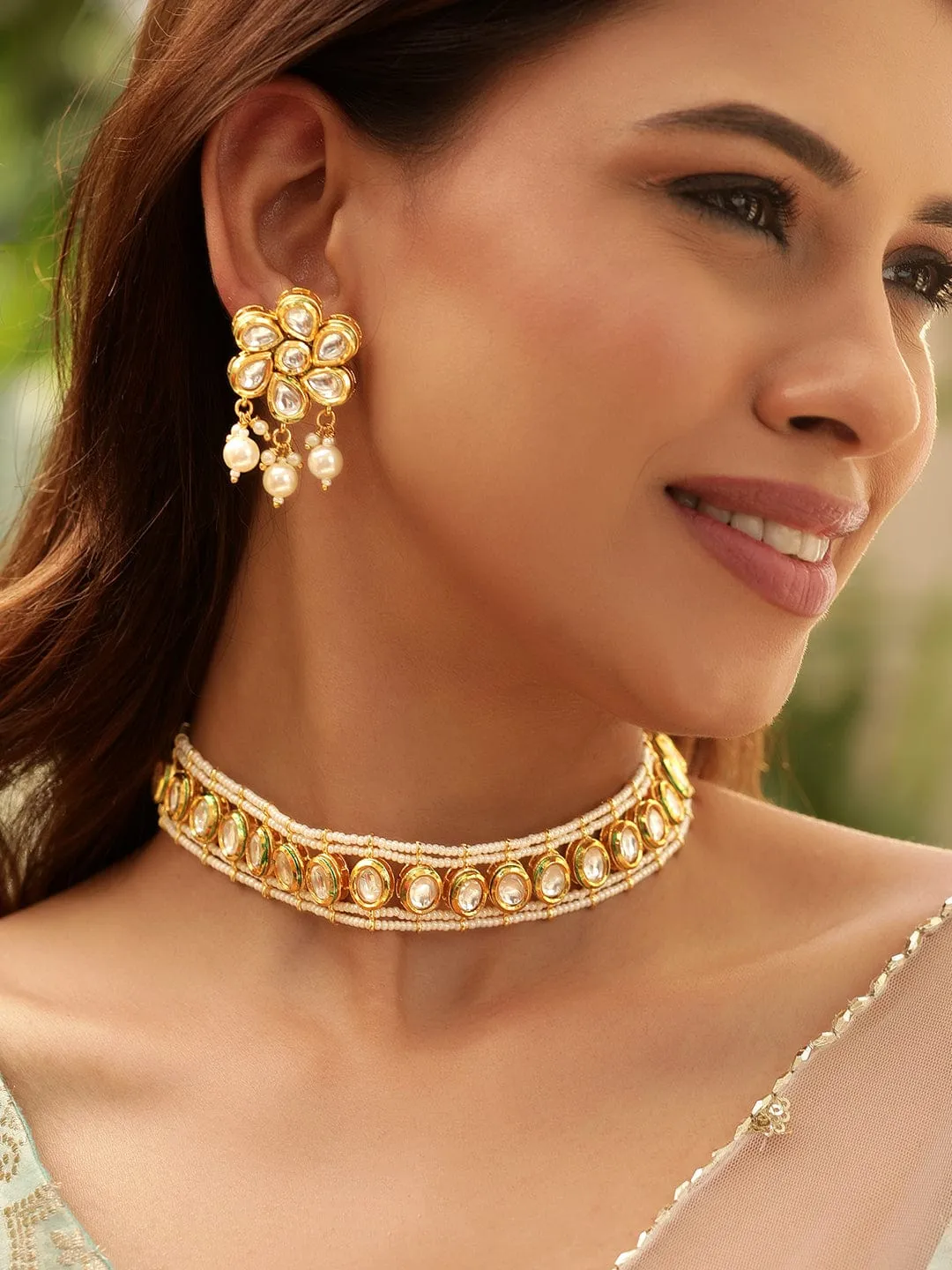 Rubans Luxurious 22K Gold Plated Pearl beaded Kundan Choker jewelry Set