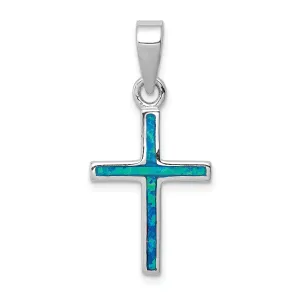 Silver Inlay Created Opal Latin Cross Pendant