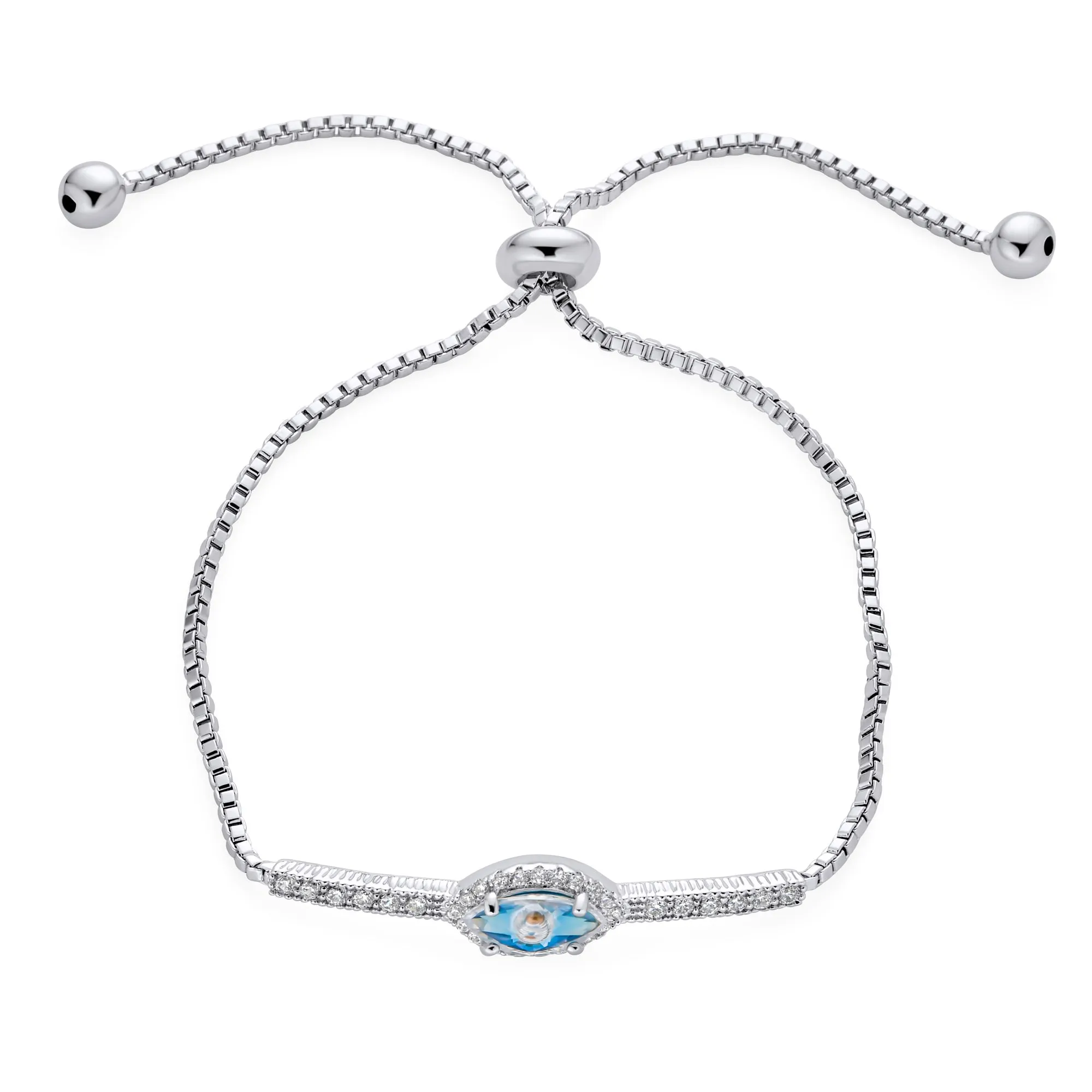 Spiritual Protection Pave CZ Halo Blue Evil Eye Charm Bolo Style Bracelet