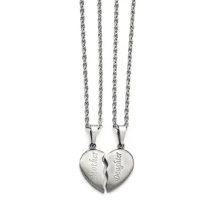 Stainless Steel Brushed ½ Heart Mother/Daughter Pendant Necklace Set