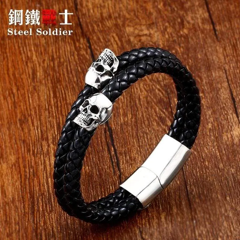 steel soldier stainless steel punk skull leather rope bracelet Multiple handchain bangle  exquisite jewelry party favors