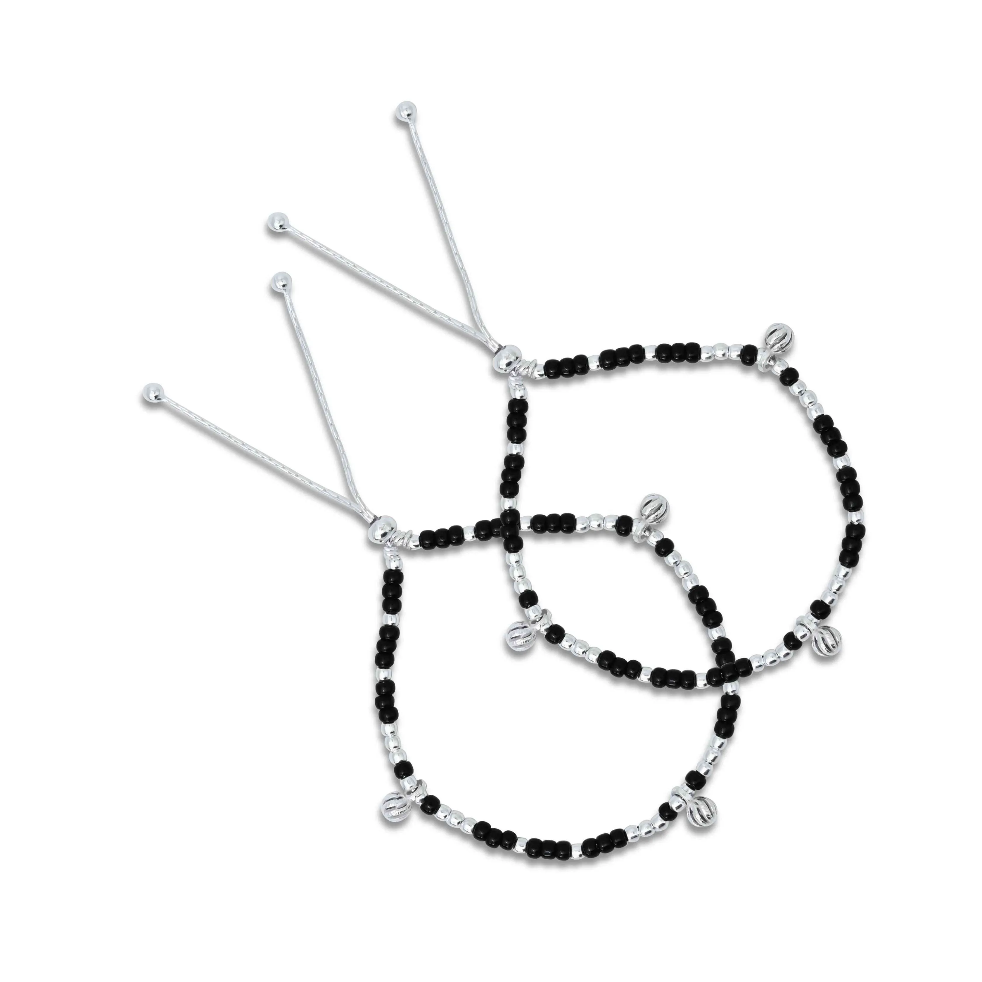 Sterling Silver and Black Beads with Silver Balls Anklet for Girls