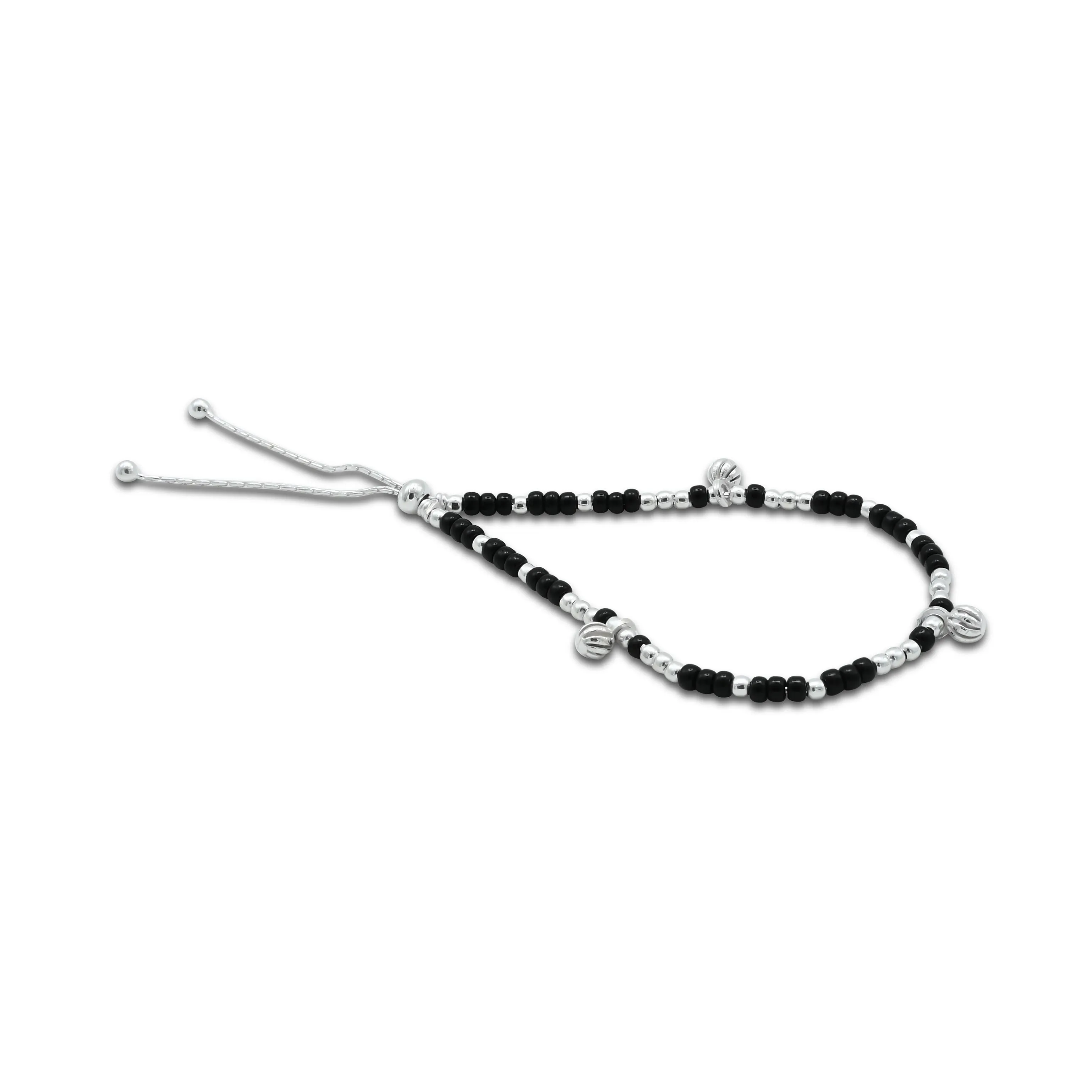 Sterling Silver and Black Beads with Silver Balls Anklet for Girls