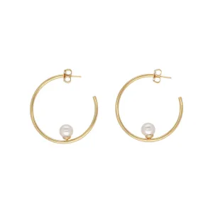 Sterling Silver Gold Plated Hoop Earrings with Organic Pearl for Women, 8mm Round White Pearl, 1.5 Length, Alba Collection