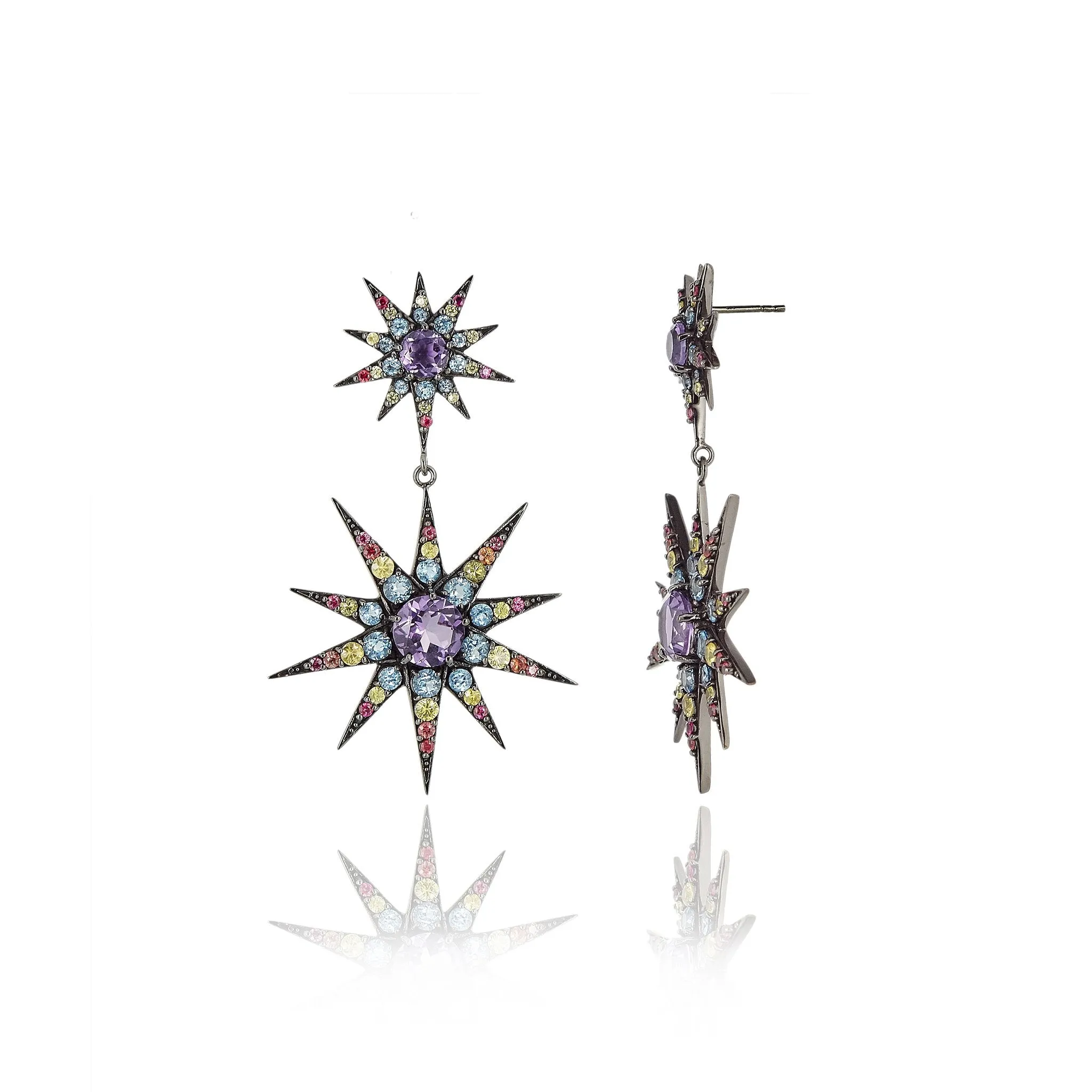 Sterling Silver Statement Earrings With Red Sapphire, Citrine, Blue Topaz & Amethyst