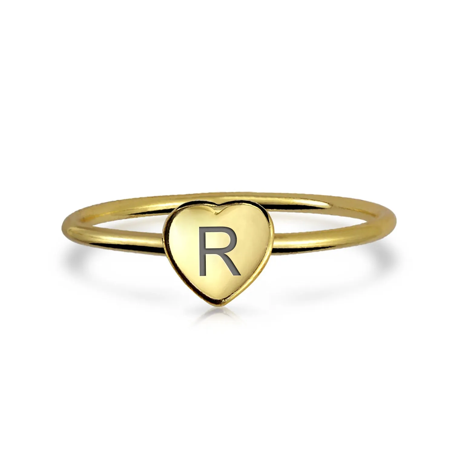 Tiny Minimalist Silver Ring with Heart Shape Initial Monogram Gold Plated Sterling