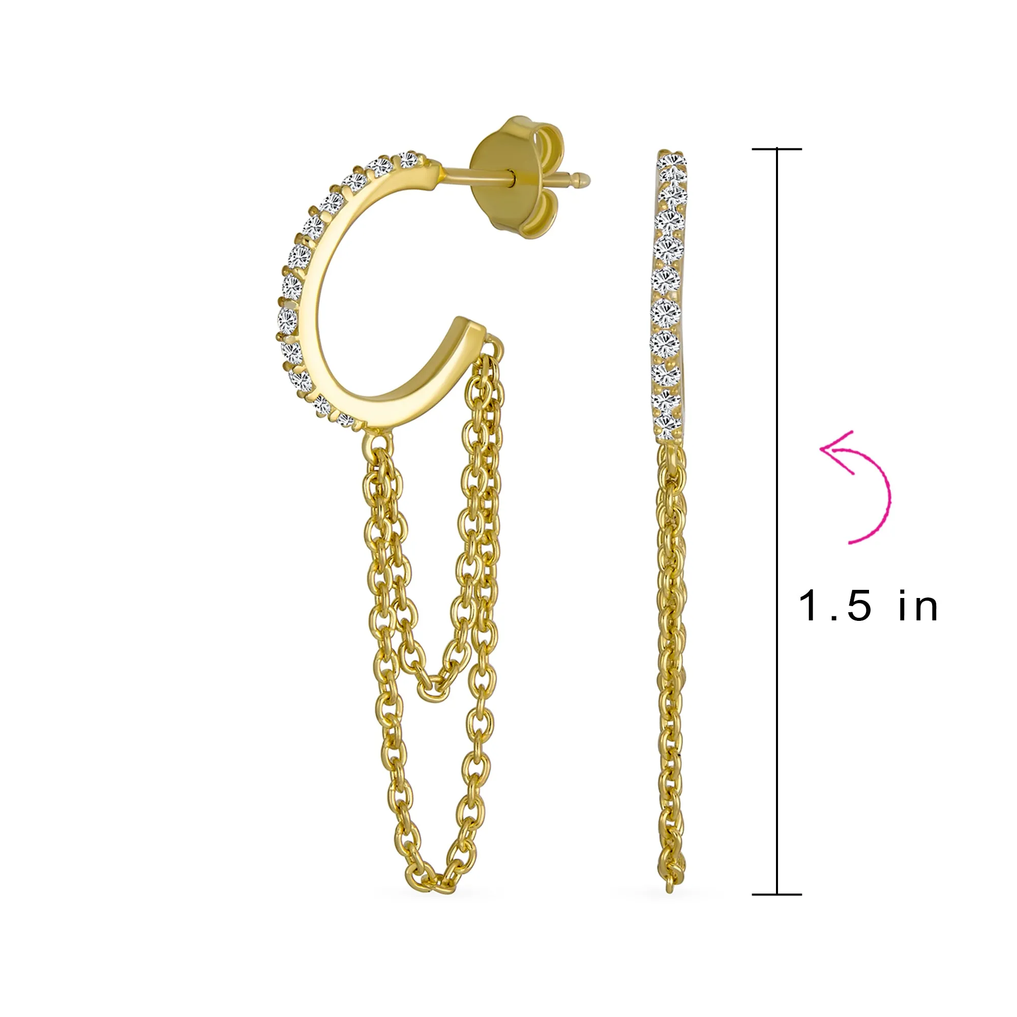 Trendy CZ Stud Earrings with Double Chain Huggie Hoop in 14K Gold Sterling Silver