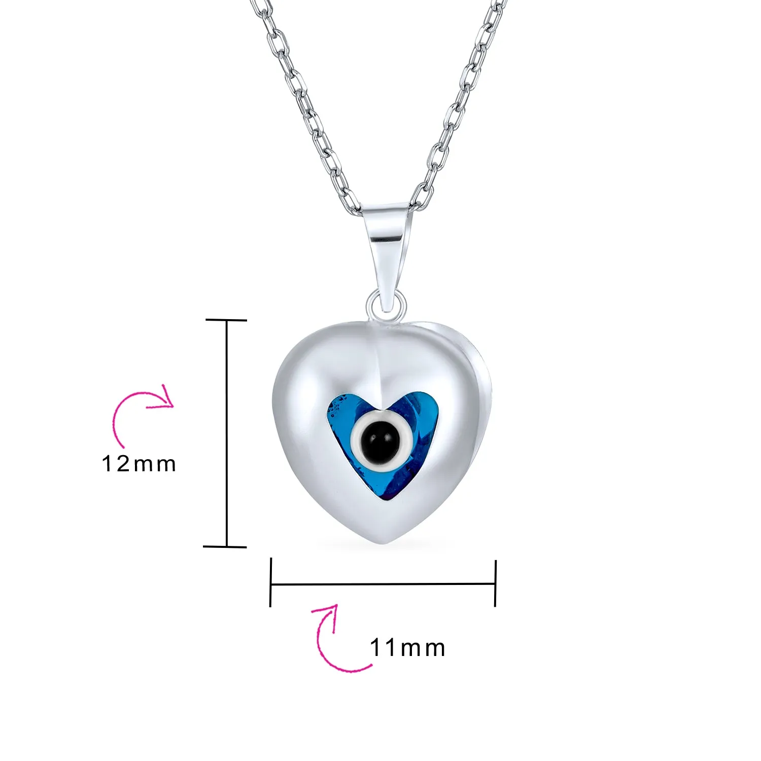 Turkish Evil Eye Heart Charm Pendant Necklace in Sterling Silver for Protection