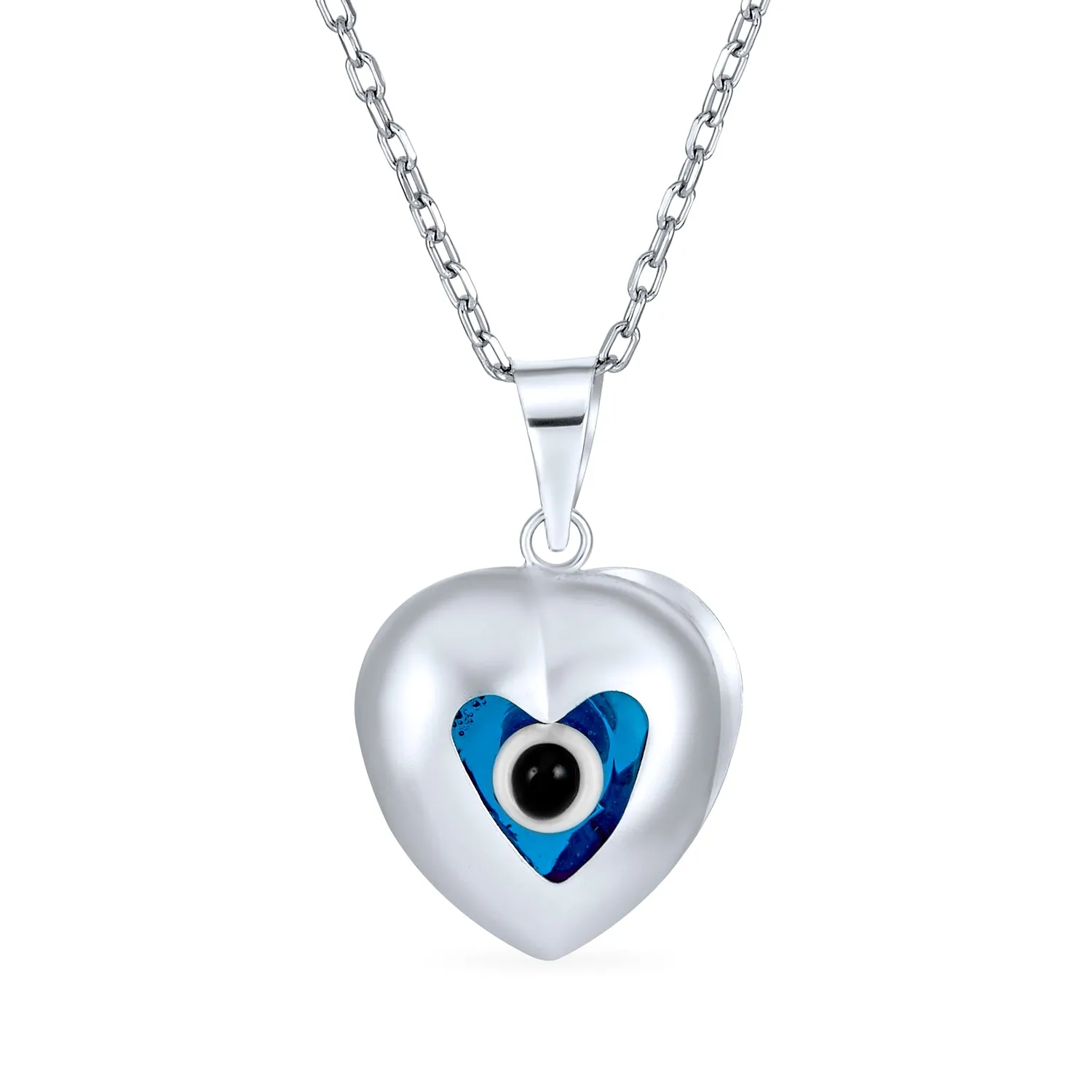 Turkish Evil Eye Heart Charm Pendant Necklace in Sterling Silver for Protection