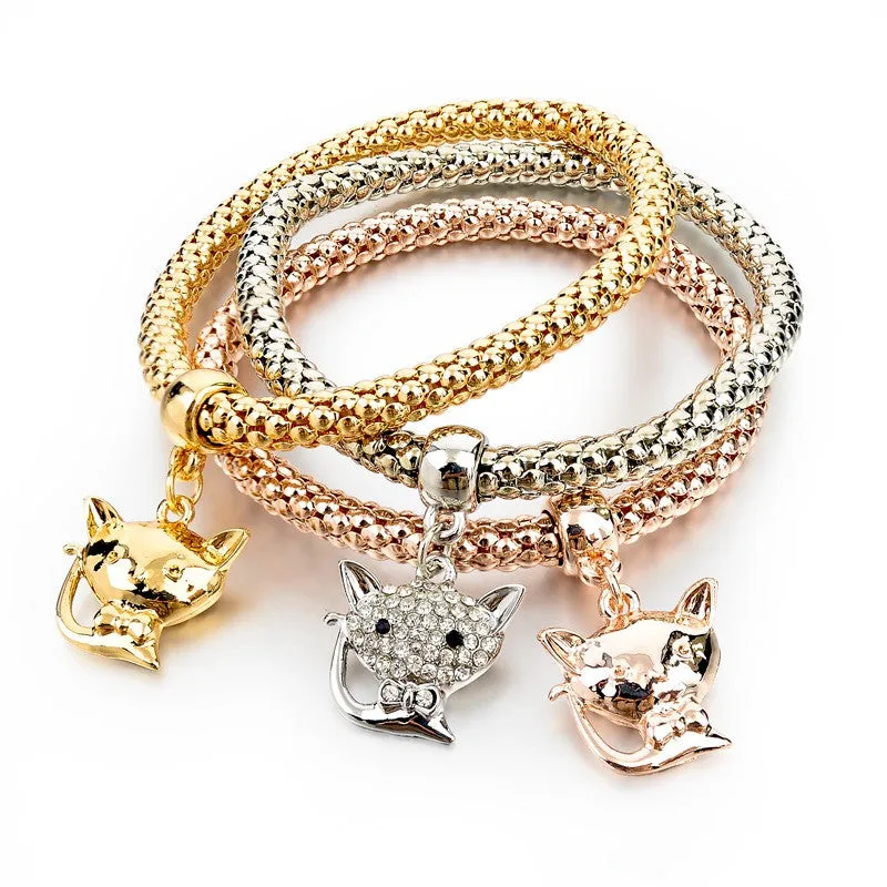 Vintage Pendant Crystal Bracelet Fashion Women Bracelets Bangles 3 Pcs Multilayer Charm Gold Bracelet Silver Chain